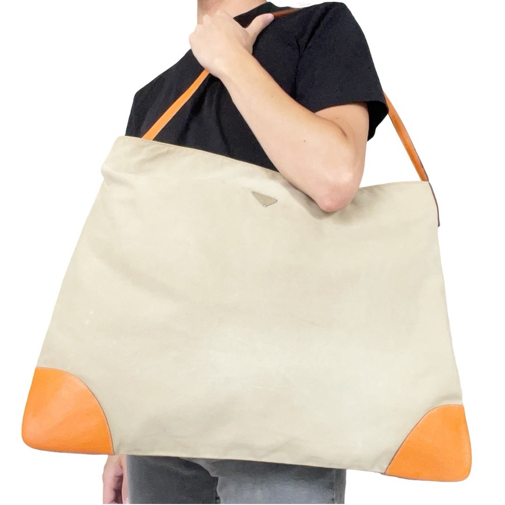 Prada tan canvas orange leather vintage oversized shoulder tote bag Y2K